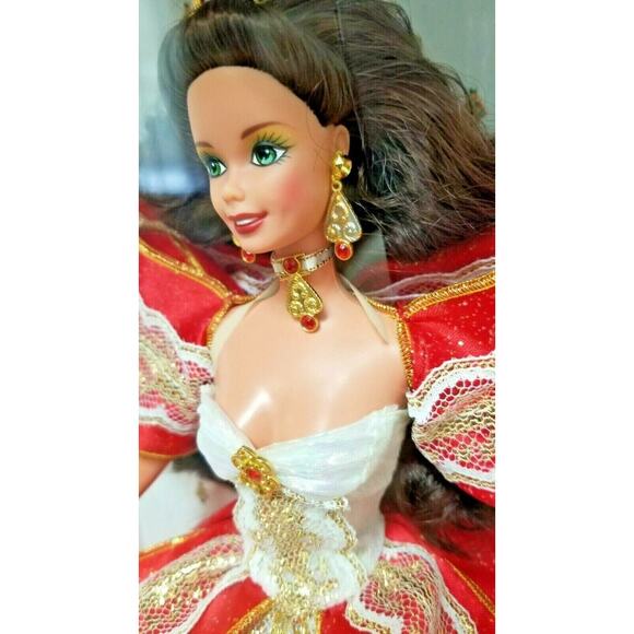 Vintage 97 Happy Holiday Barbie SPECIAL EDITION 17832 Red Gold Lace Bow Brunette - Picture 5 of 12